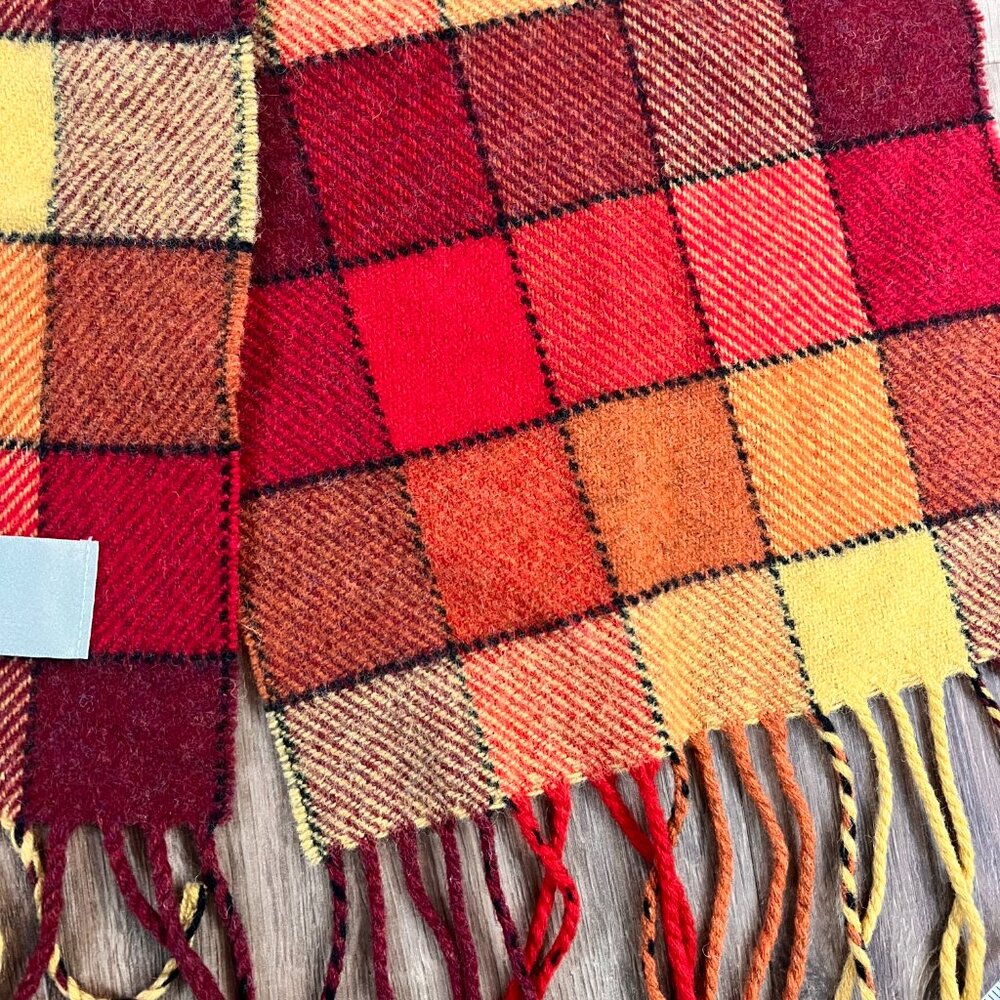 Calzeat of Scotland Border Lambswool Scarf Red Yellow Color Block Plaid - Picture 5 of 8